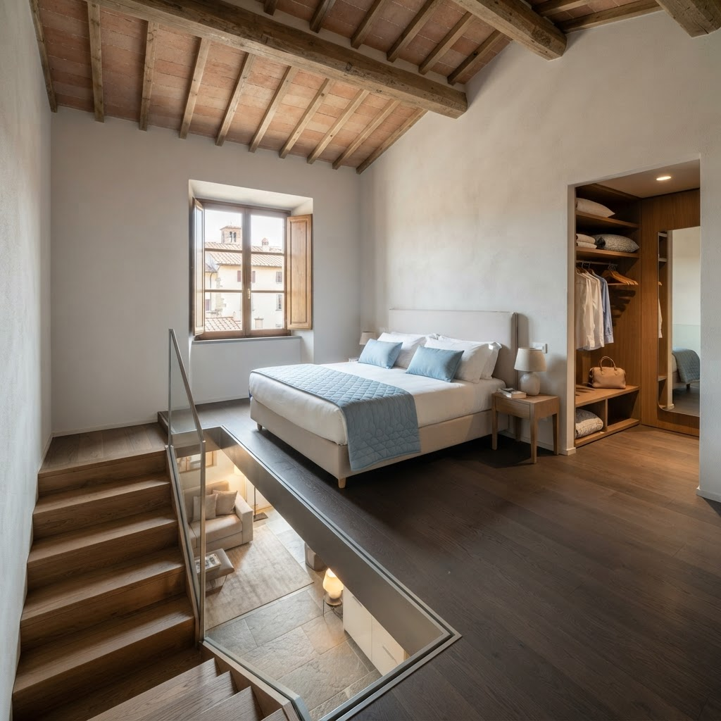 Soppalco con letto matrimoniale della Camera Blu
